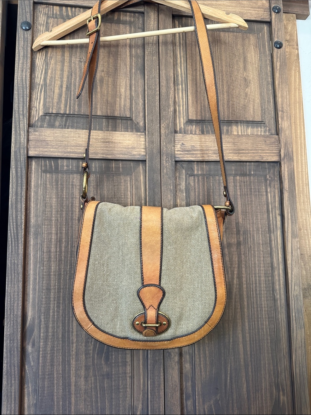 Fossil Neutral Canvas and Tan Leather Crossbody Bag